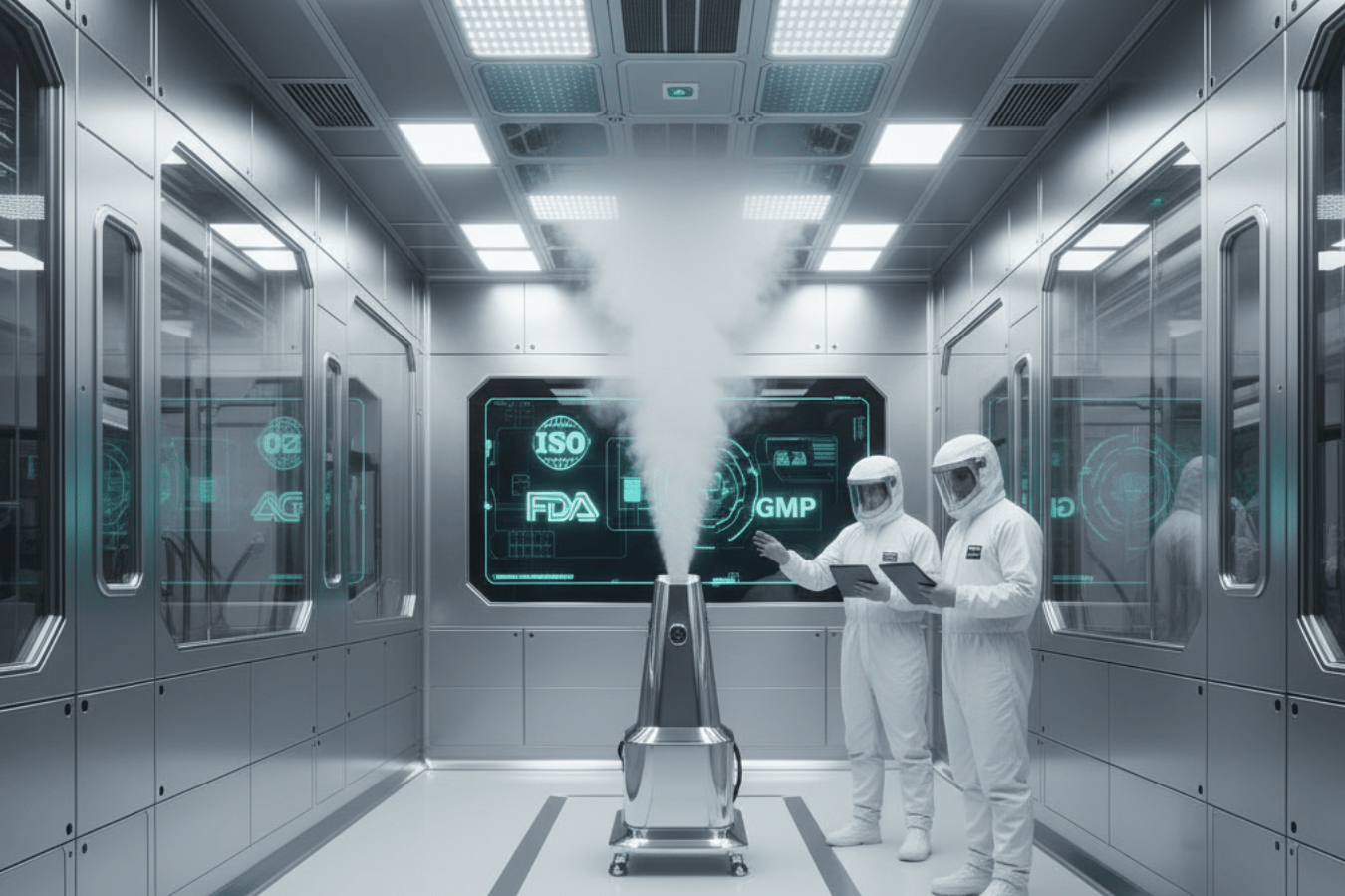 Two technicians in cleanroom suits monitor a sterilization device emitting vapor inside a high-tech GMP/FDA-certified lab.